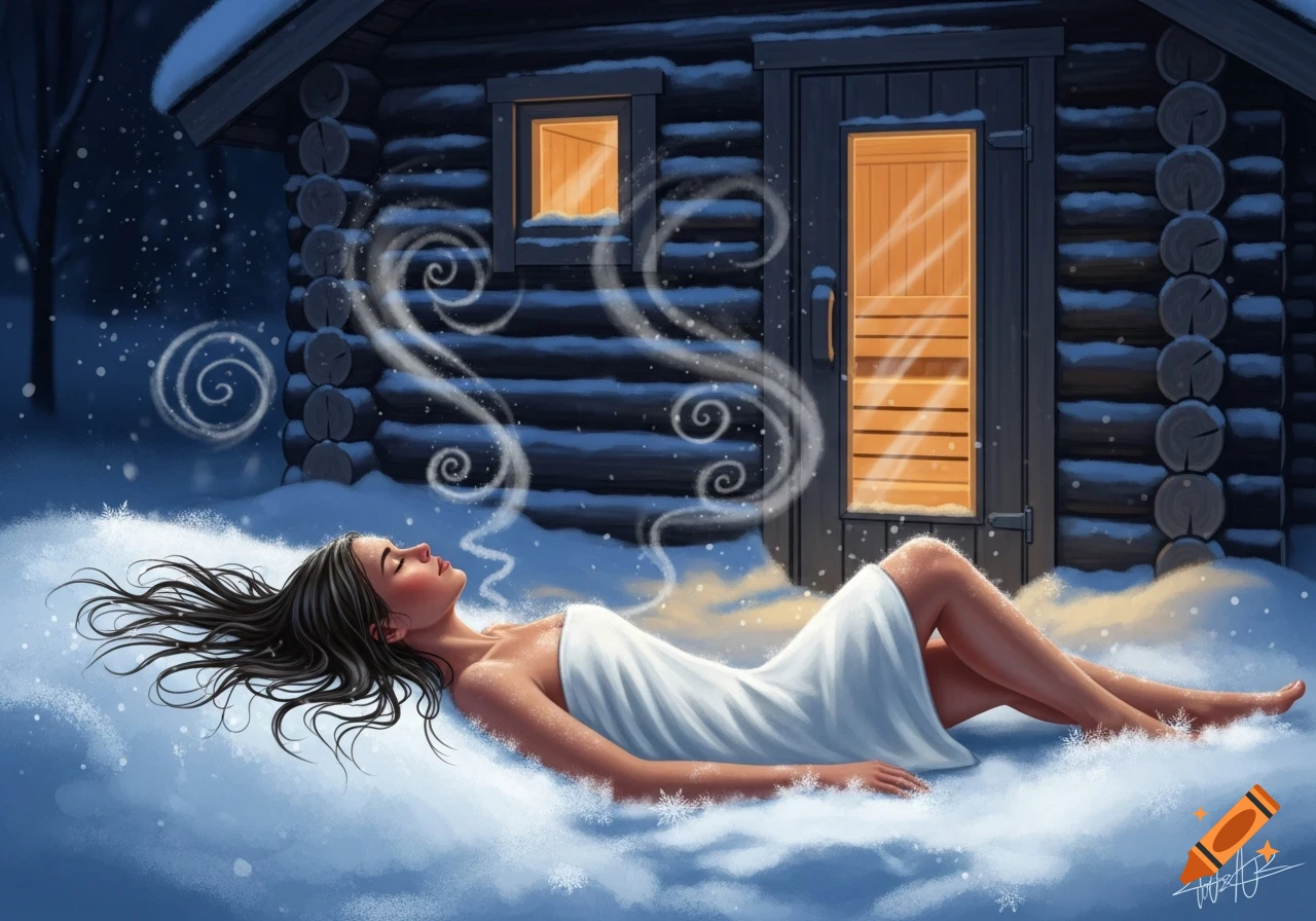 A woman wrapped in a white towel lies in the snow outside a warm wooden sauna cabin at night, steam rising from her.