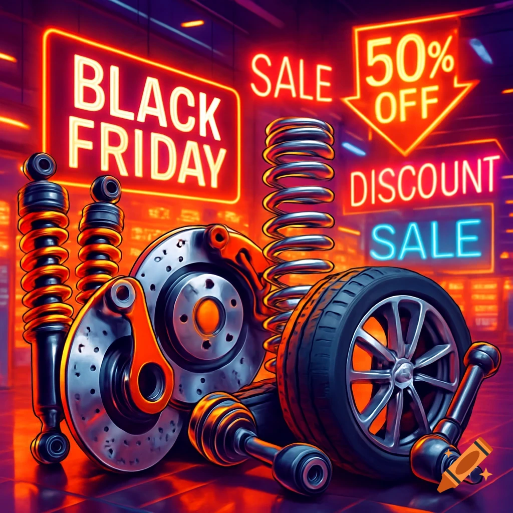 Neon-lit display of car parts like brake discs, shock absorbers, springs, and a tire, with Black Friday sale signs.