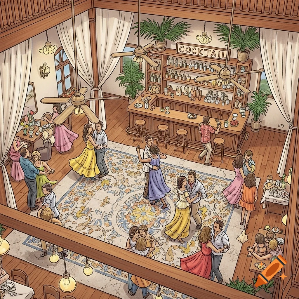 Overhead illustration of a lively ballroom party with couples dancing on a patterned rug, a cocktail bar, and tables.