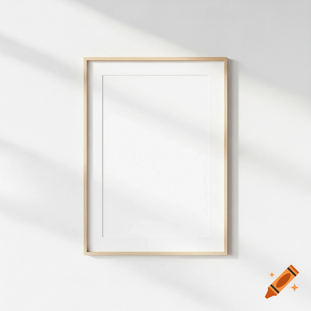 A light wood picture frame hanging on a clean white wall with soft natural shadows, minimal and bright.