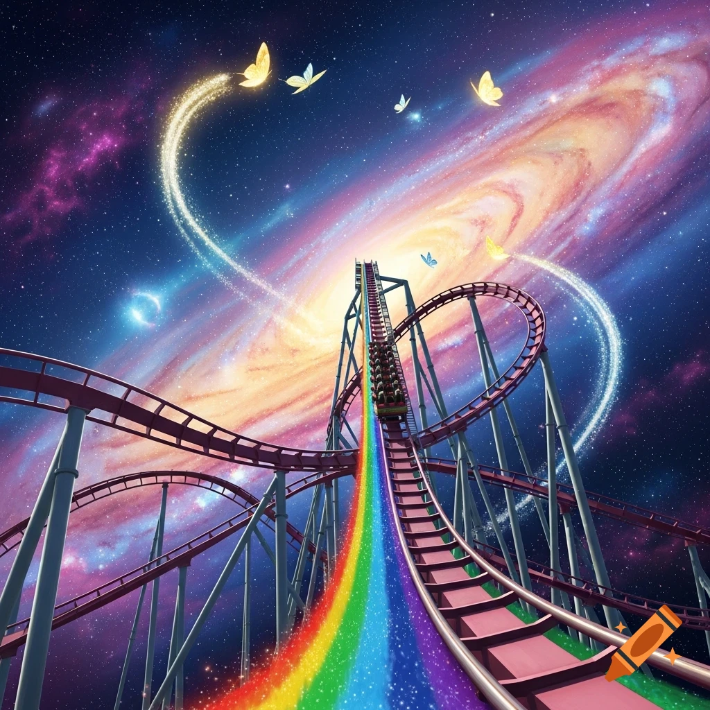 A vibrant rollercoaster with a rainbow track extends into a swirling galaxy filled with stars and glowing butterflies.