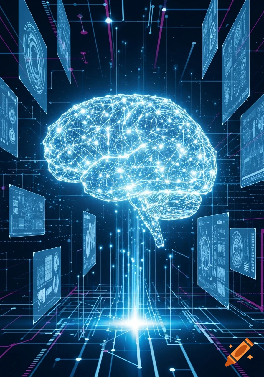 Glowing blue digital brain representing AI, connected to neural networks and data streams in a futuristic tech environment with holographic screens.