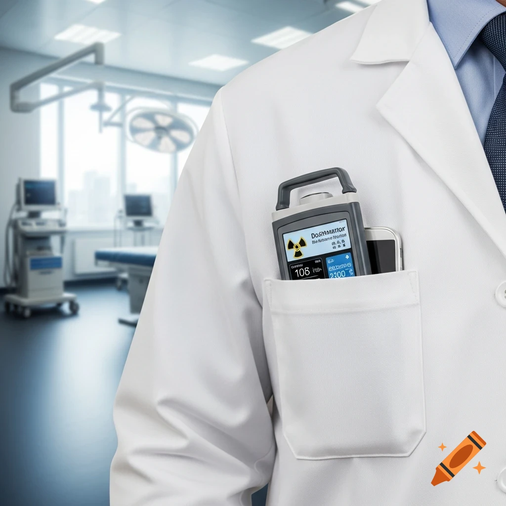 Photorealistic image of a doctor in a white coat with a dosimeter and smartphone in their pocket, in a hospital.