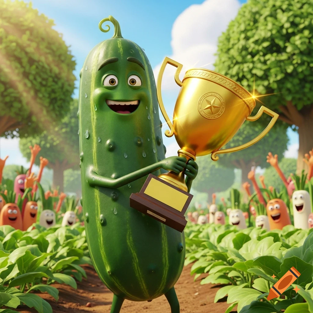 A very happy bipedal cartoon cucumber, sweating, stands in a field of plants, proudly holding up a large golden trophy with a star emblem.