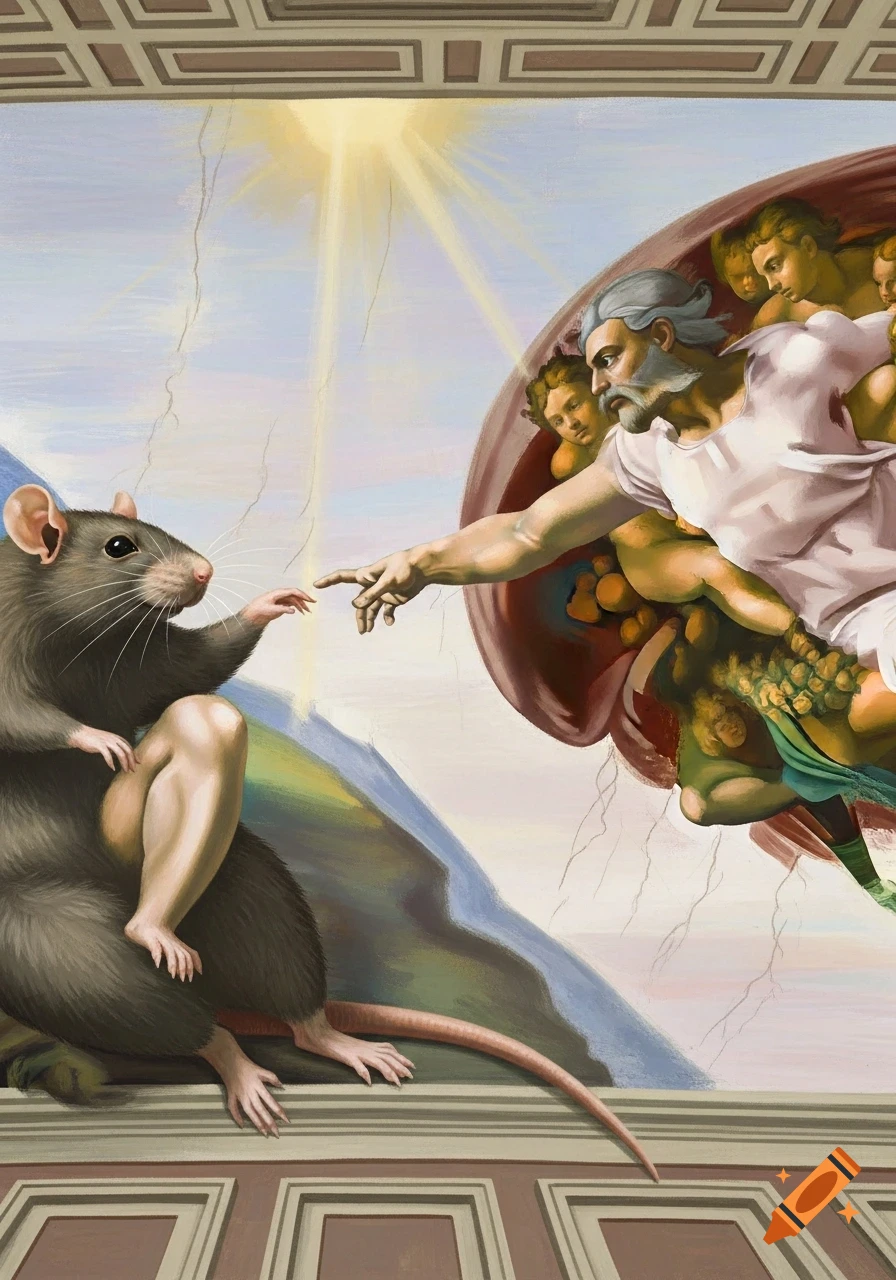 A rat with human legs reaches out to touch God's finger in a parody of Michelangelo's 'The Creation of Adam'.