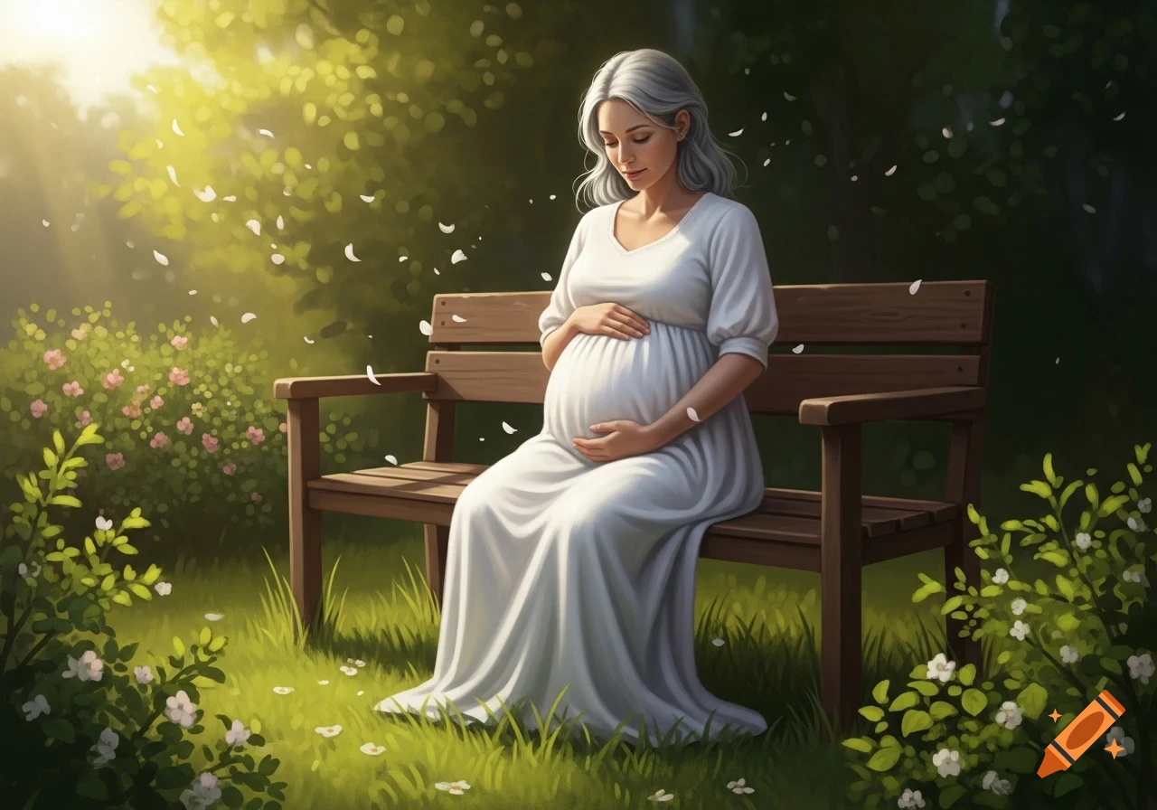 A pregnant woman with grey hair sits on a wooden bench in a sunny garden, holding her belly, with white petals falling around her.
