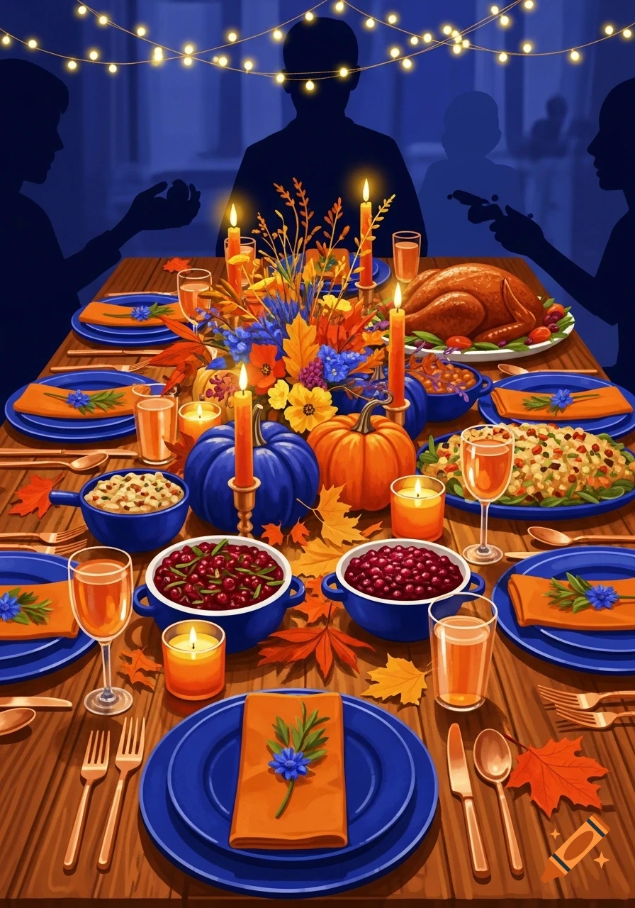 A festive Thanksgiving dinner table laden with food, blue and orange decor, candles, and silhouetted figures.