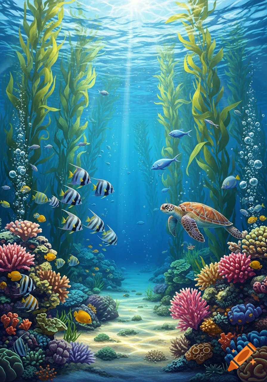 A vibrant underwater scene with a sea turtle swimming among schools of fish, colorful coral, and tall kelp bathed in sunbeams.