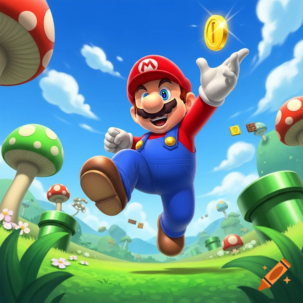 Mario happily jumps in a vibrant, cartoonish mushroom kingdom landscape with a gold coin.