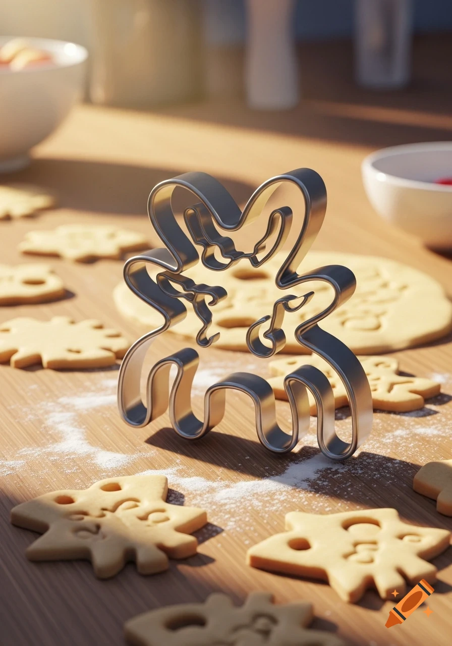 A metallic, weird-shaped cookie cutter stands on a floured wooden surface, surrounded by raw cookie dough cutouts ready for baking.