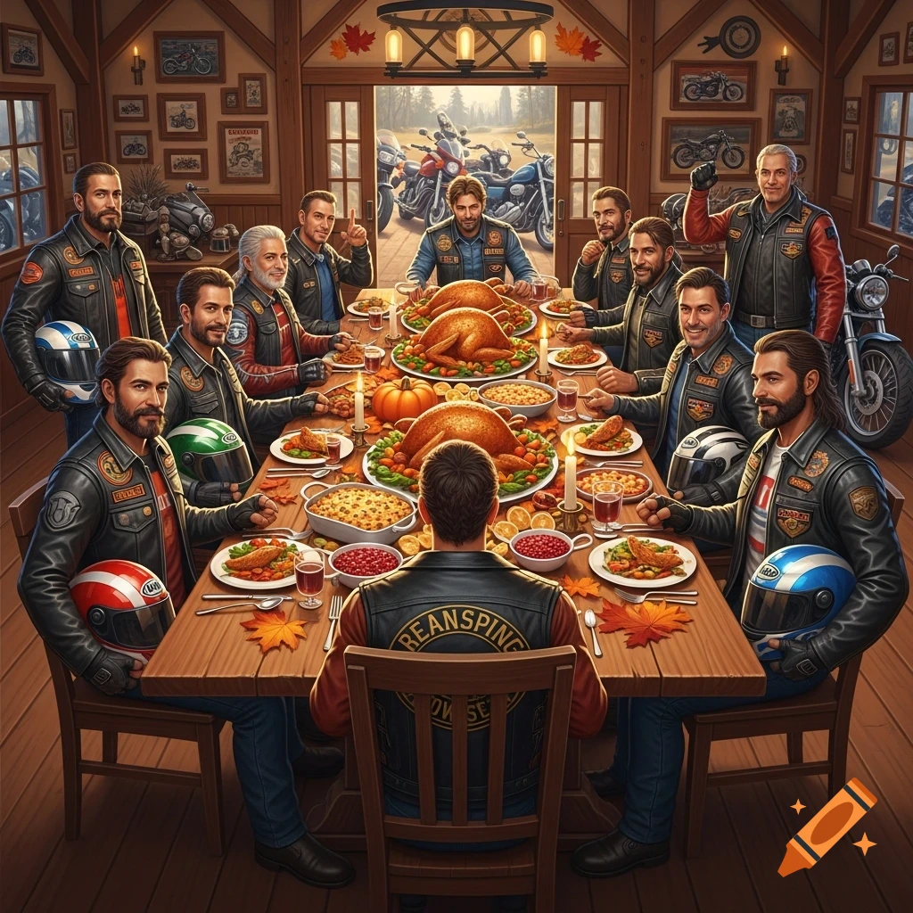 A group of male motorcycle riders in leather jackets gather around a long table for a Thanksgiving feast with two roasted turkeys, surrounded by motorcycles in a rustic lodge.