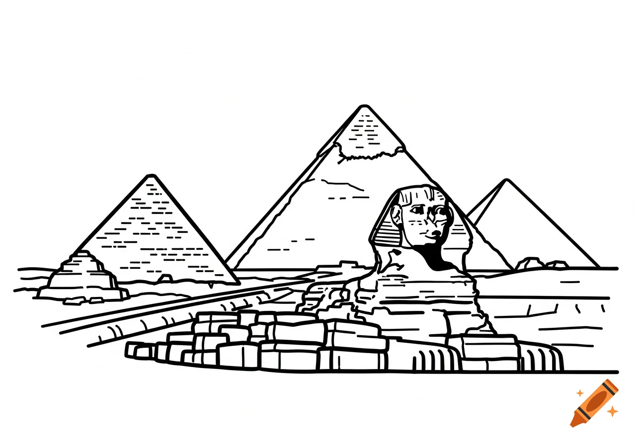 Black outline illustration of the Great Sphinx and three pyramids in Giza, Egypt.