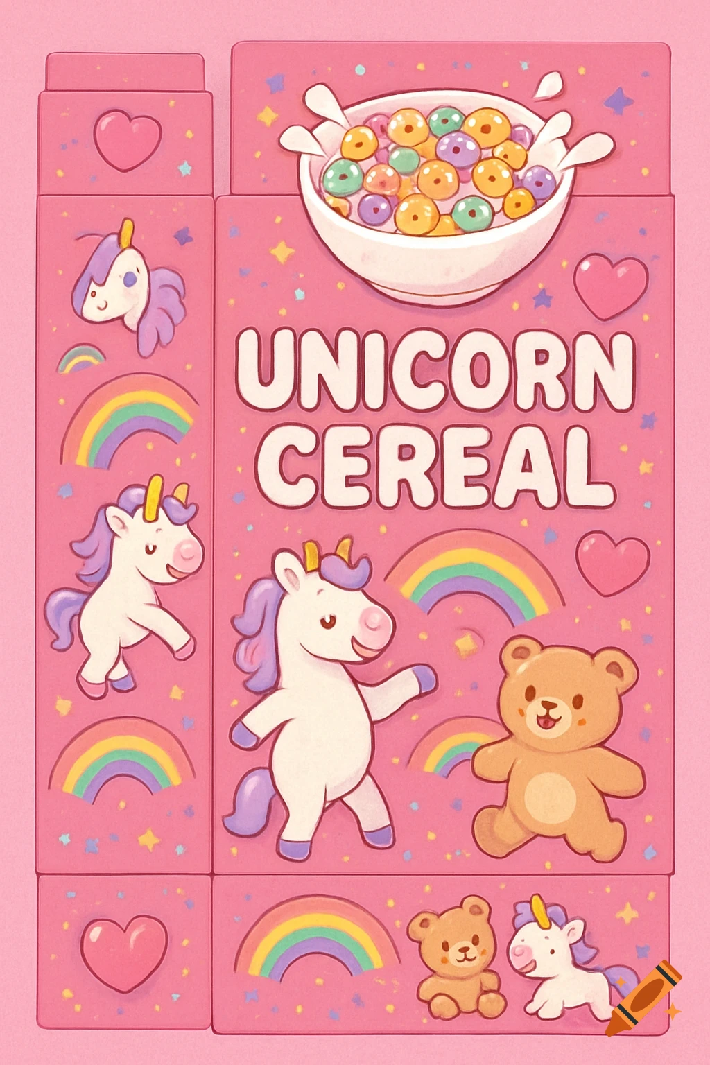 A whimsical pink cereal box with "UNICORN CEREAL" text, a bowl of colorful cereal, cute unicorns, rainbows, and a teddy bear.