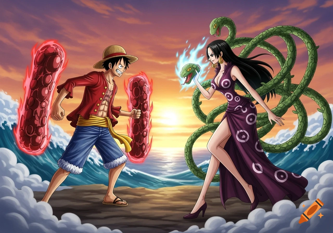 Anime characters Luffy and Boa Hancock battle on a rocky shore with waves and a sunset sky. Luffy has red energy around his fists, while Hancock summons green snakes and blue energy.