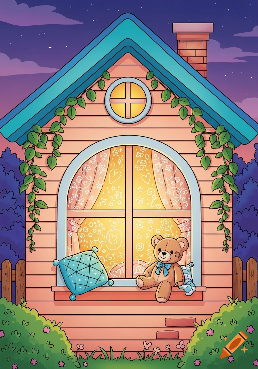 A cartoon illustration of a cozy house at night, with a teddy bear and a pillow on the window sill, glowing light inside.