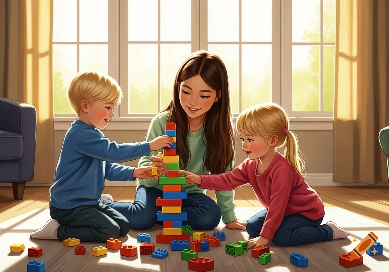 Three children, two blonde and one with brown hair, play together with colorful building blocks on a sunny wooden floor indoors.