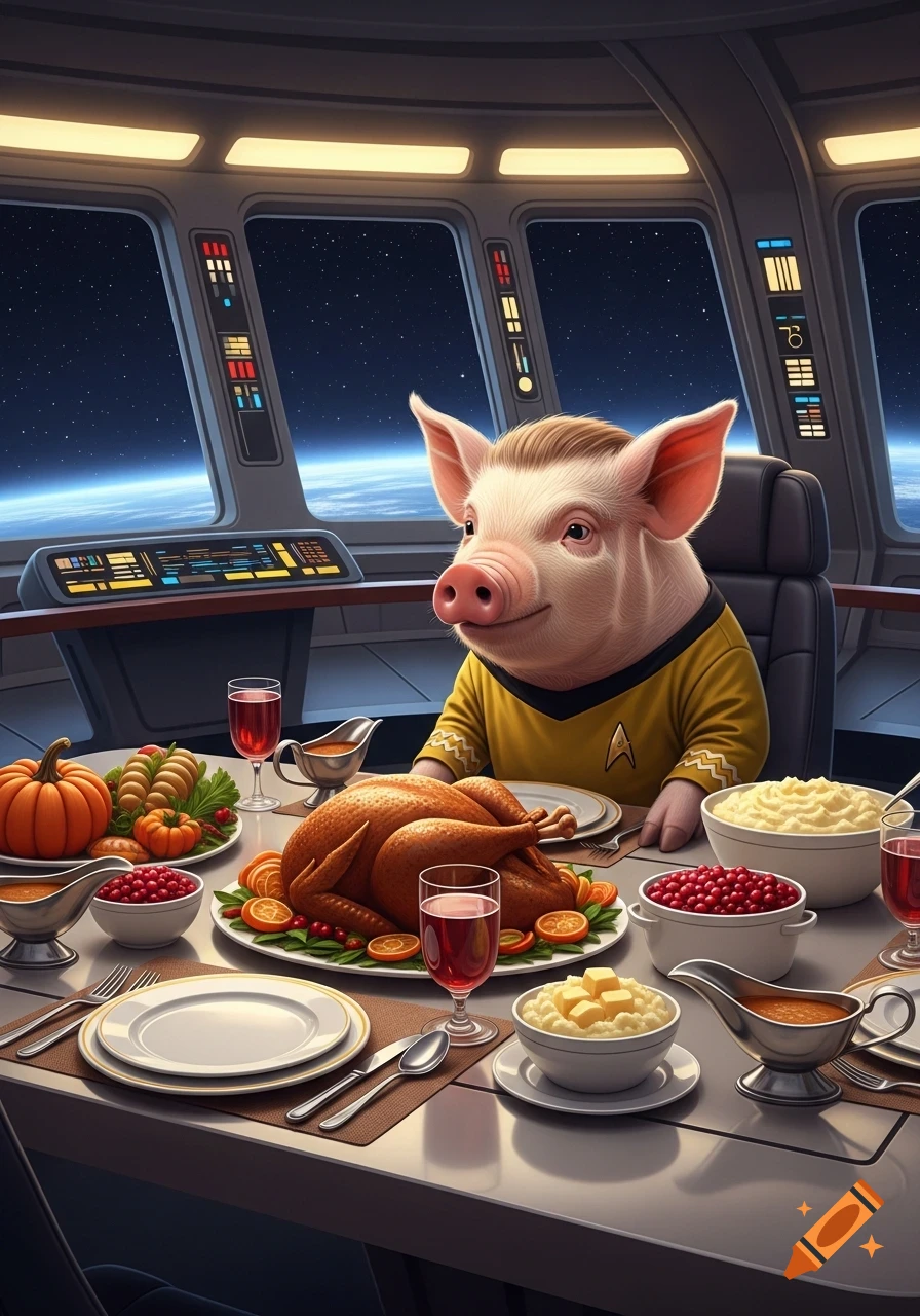 A cute pig in a yellow Starfleet uniform eats Thanksgiving dinner on a spaceship bridge overlooking space.