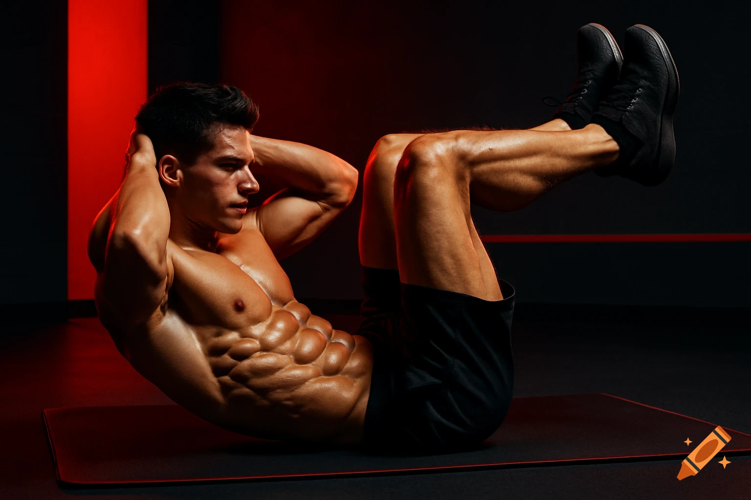 Muscular man with defined abs doing crunches on a mat in a gym with dramatic red lighting.