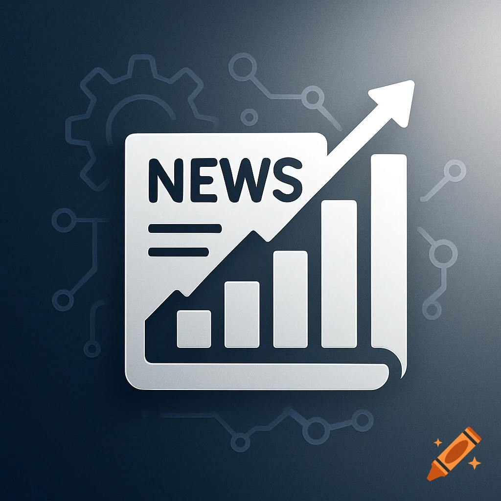 A digital icon depicting a document labeled 'NEWS' beside a rising bar chart with an arrow, on a dark technical background.