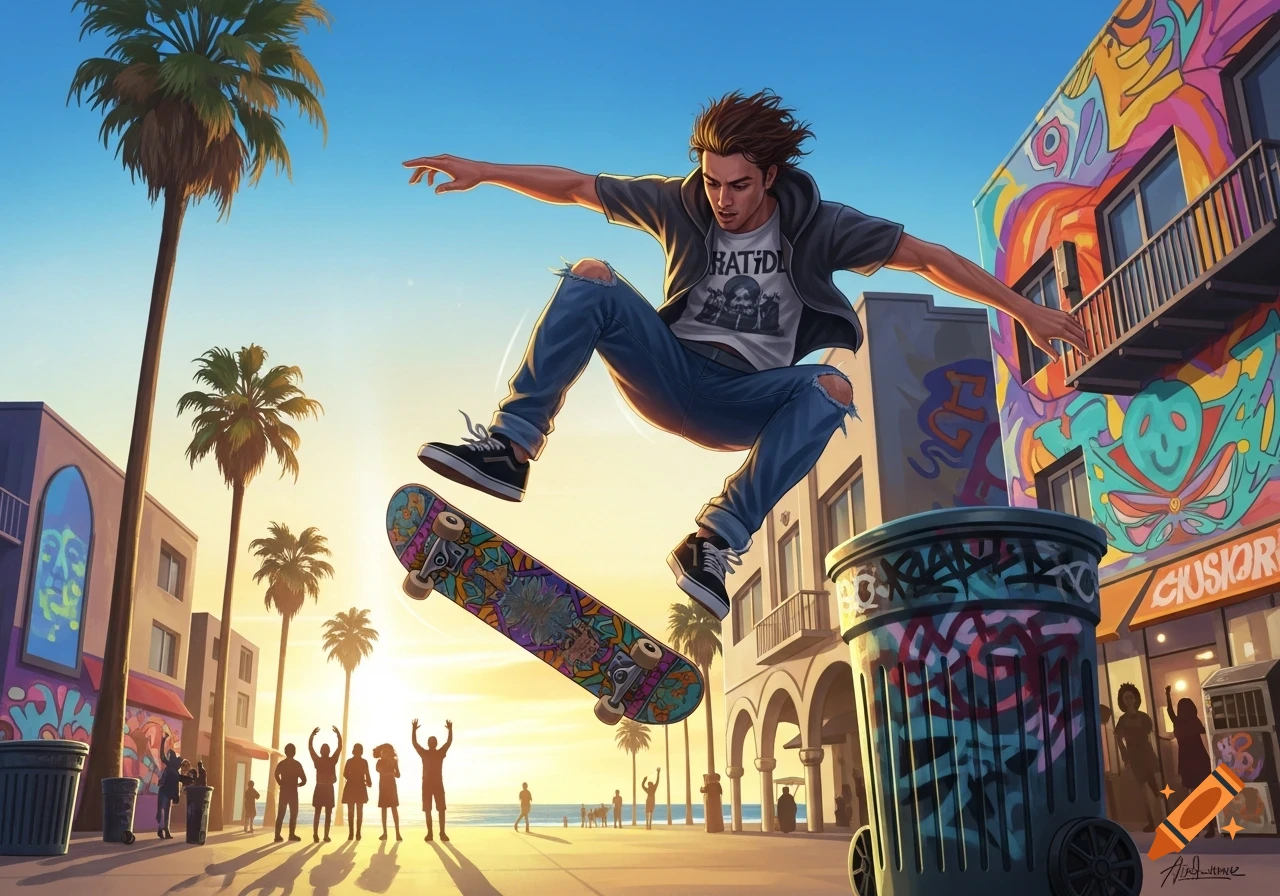 An illustrated vibrant scene of a man mid-air on a skateboard, jumping over a trash can at Venice Beach, with palm trees and colorful buildings under a sunny sky.
