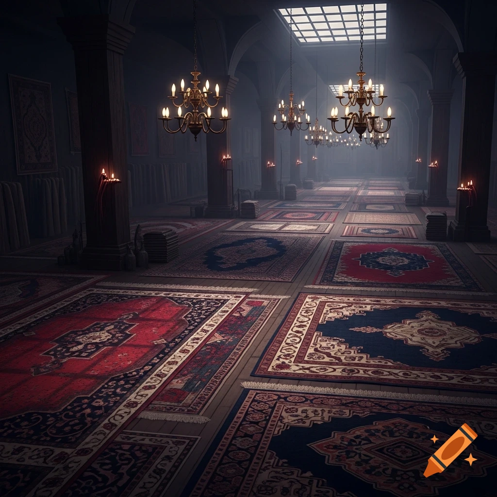 A long, dimly lit hall in a grand building, filled with many ornate red and blue patterned rugs on a wooden floor, illuminated by numerous chandeliers and candlelight, with a skylight at the far end.