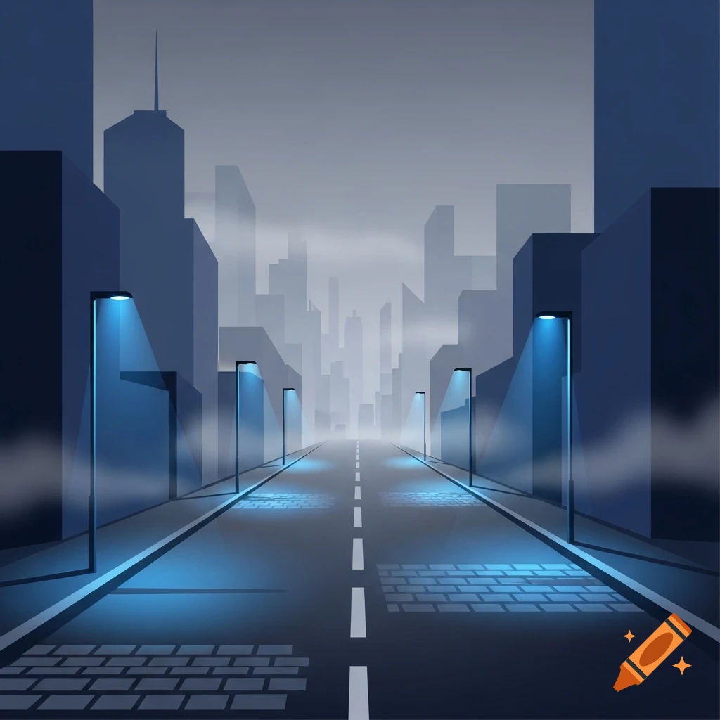 A stylized, fog-shrouded city street at night, with glowing blue streetlights leading to a distant skyline.