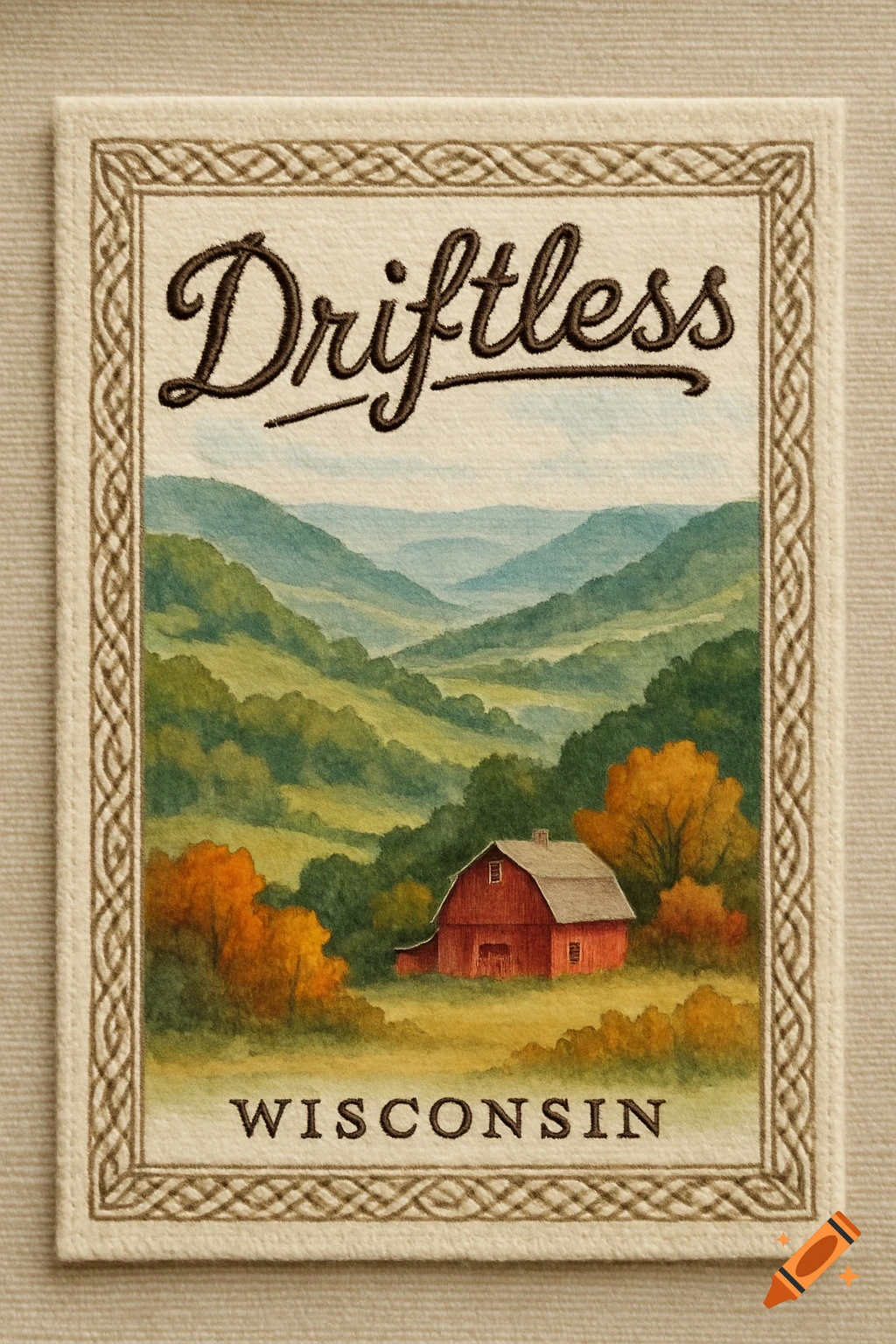 Watercolor illustration of a red barn in a valley with green and autumn trees, bordered by decorative design, with text "Driftless WISCONSIN".