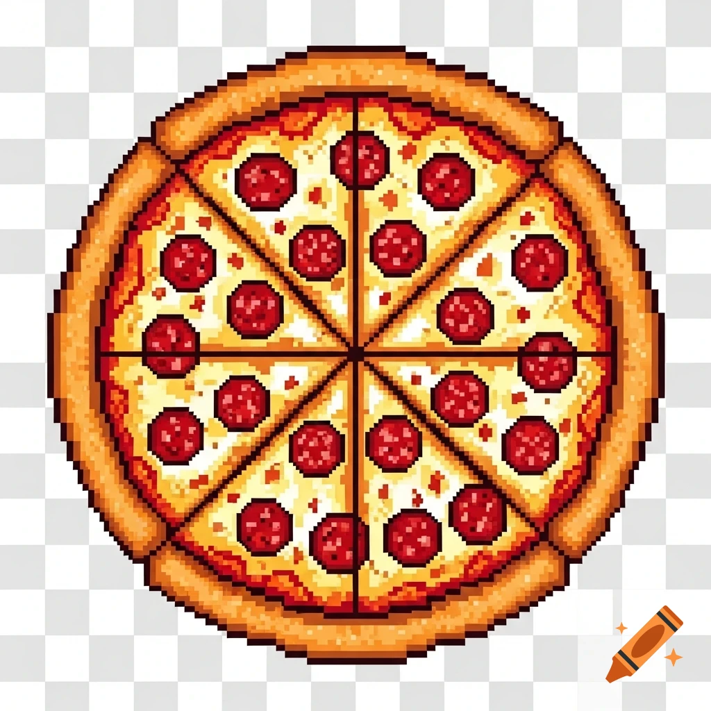 2D pixel art icon of a whole pepperoni pizza cut into eight slices on a transparent background.