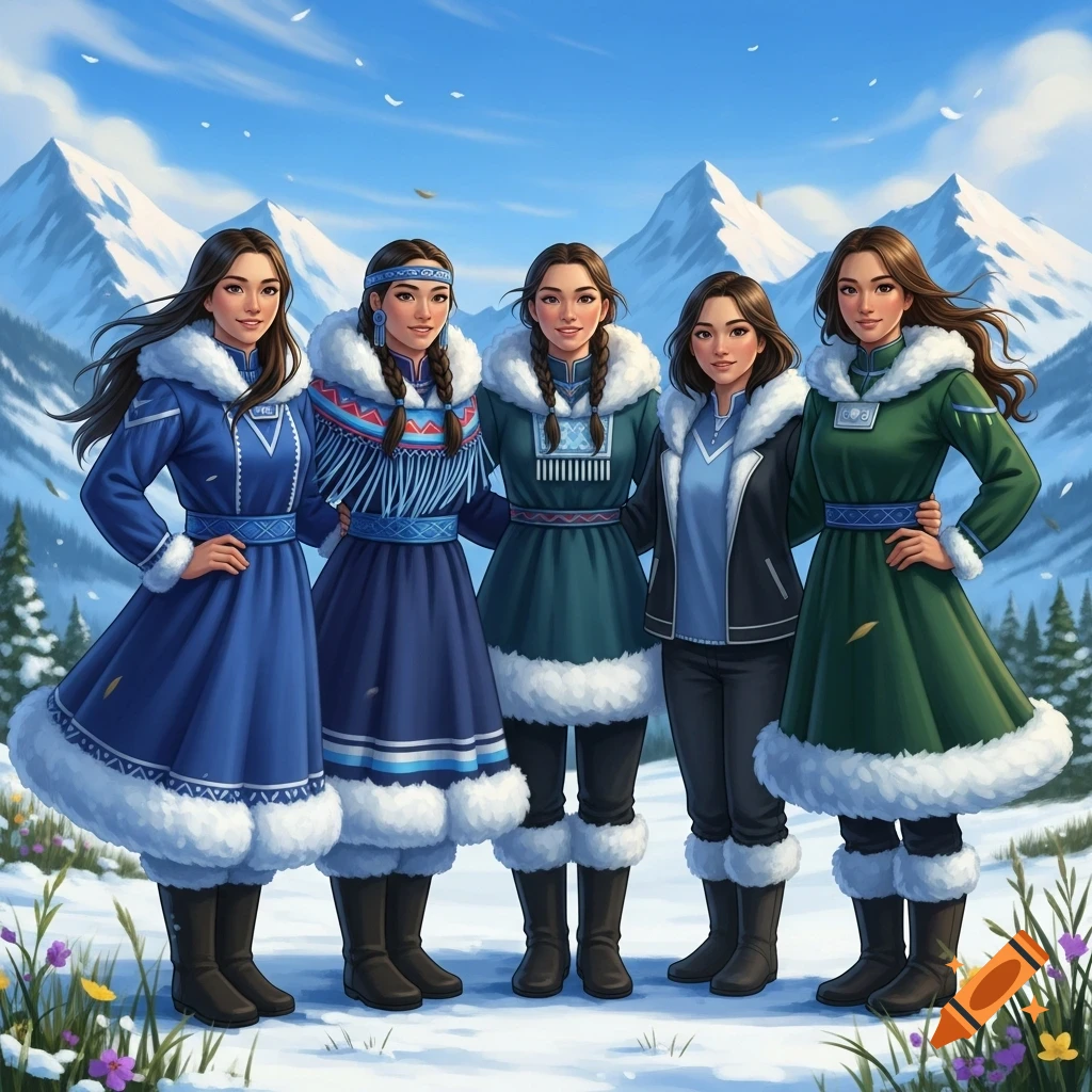 Five women in colorful, fur-trimmed traditional winter coats stand smiling in a snowy mountain landscape, illustration.