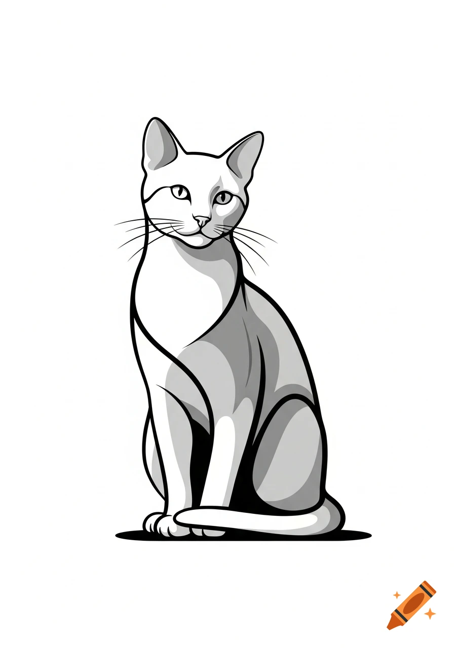 A stylized black and white vector illustration of a cat sitting and looking forward on a white background.