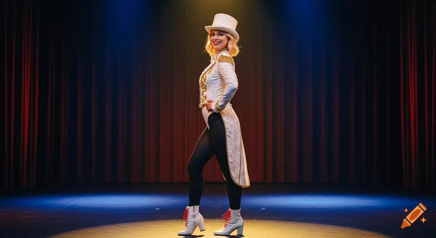 A blonde woman in a white top hat and embellished white tailcoat over black tights stands on a stage, smiling into the camera under a spotlight.