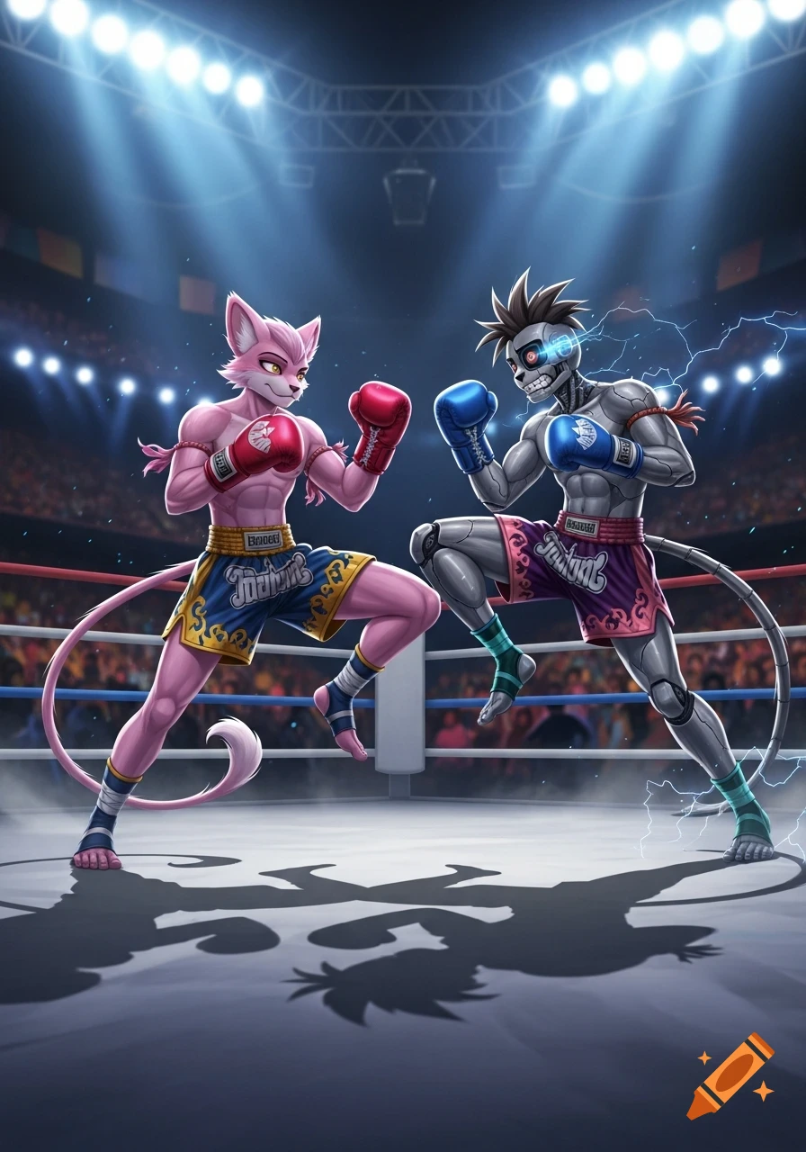 A pink anthropomorphic cat-like creature and a grey robot character in a Muay Thai boxing match pose in a brightly lit arena.