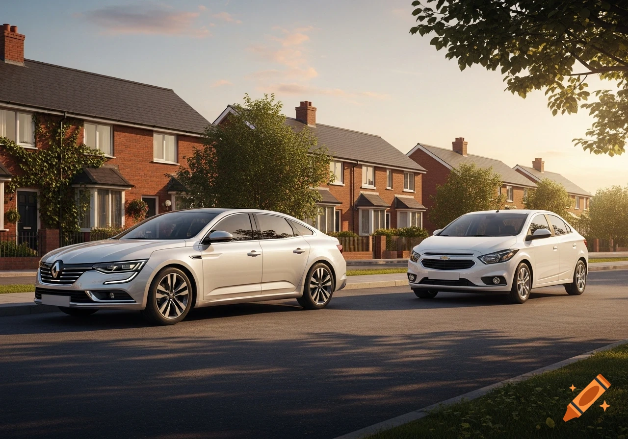 A silver Renault sedan and a white Chevrolet sedan are parked on a street in a suburban neighborhood with brick houses.