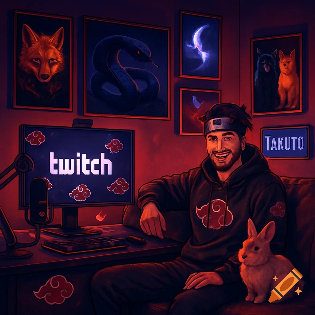 A man with a headband and Akatsuki hoodie sits next to a rabbit at a Twitch streaming setup, with animal paintings on a red wall.