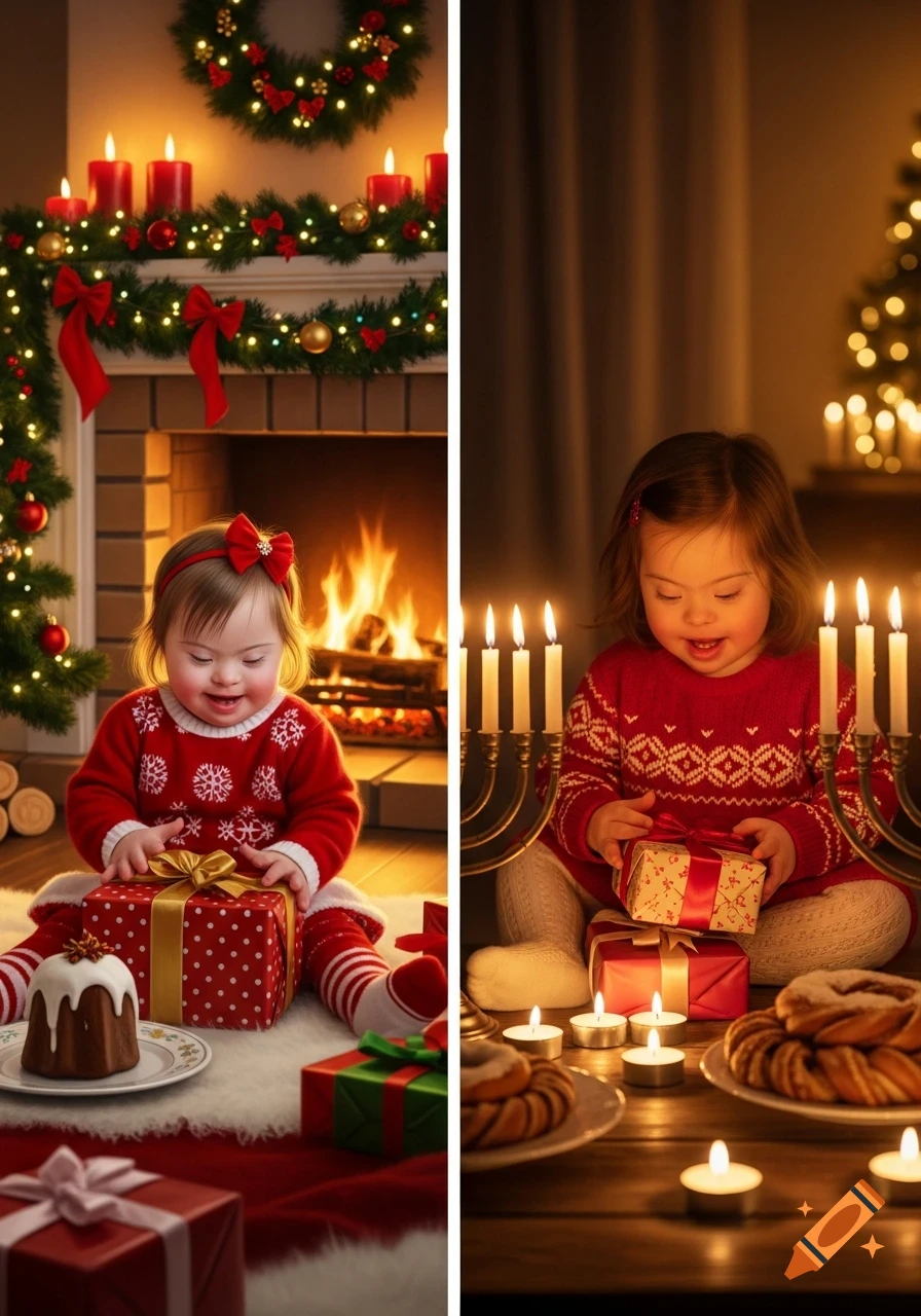 A photorealistic image of a toddler with Down syndrome, celebrating Christmas by a fireplace and Hanukkah with candles and pastries.