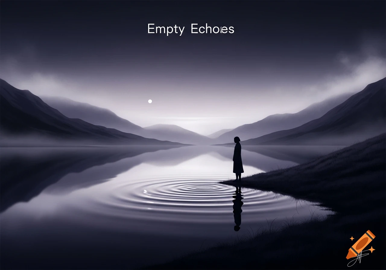 A solitary figure stands at the edge of a serene lake, reflecting mountains under a muted sky with the text "Empty Echoes" above. The scene is monochromatic, evoking a calm, melancholic mood.