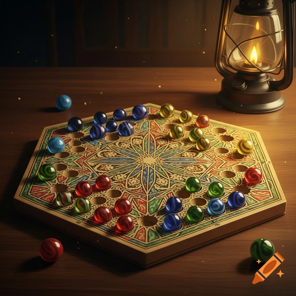 A vintage hexagonal board game, resembling Chinese checkers, with colorful glass marbles, illuminated by a warm lantern on a wooden table.