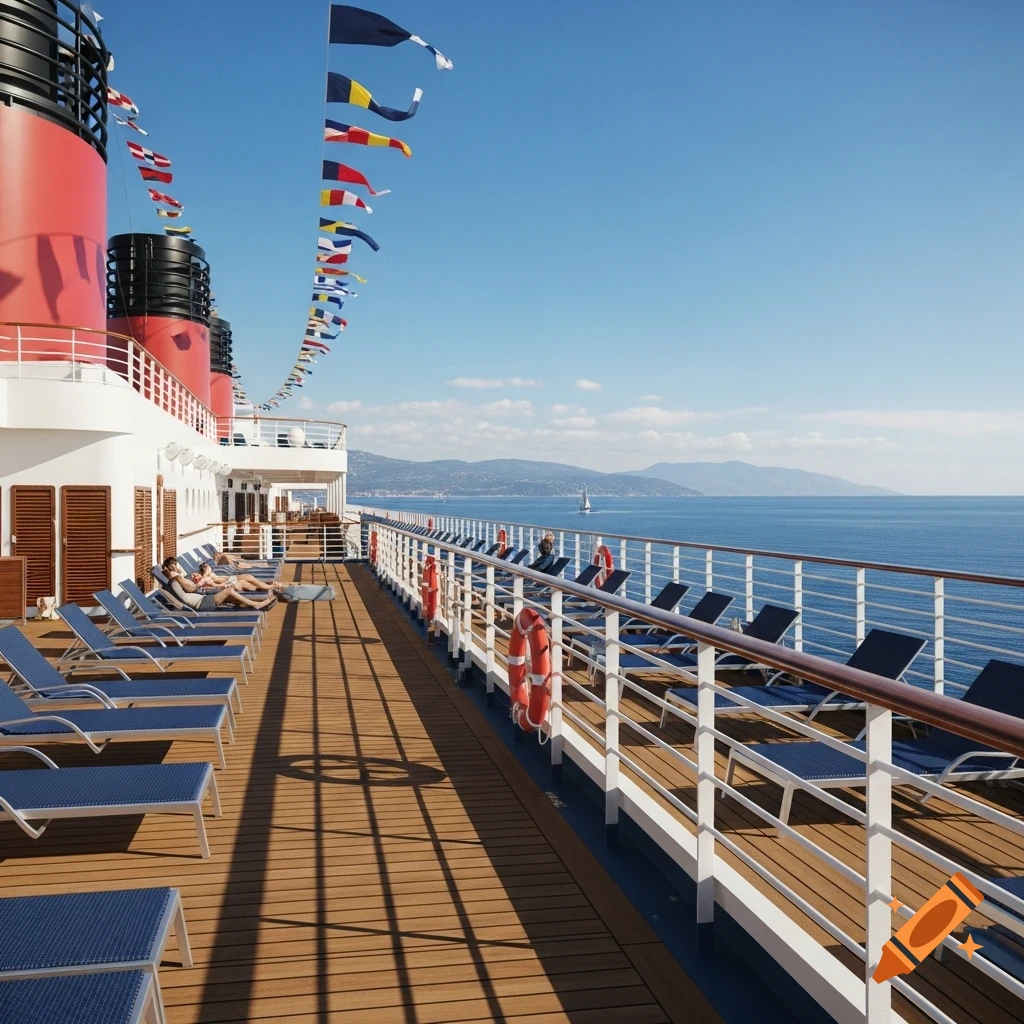 Photorealistic image of a sunny cruise ship deck with people relaxing on loungers, overlooking the ocean and a distant coastline.
