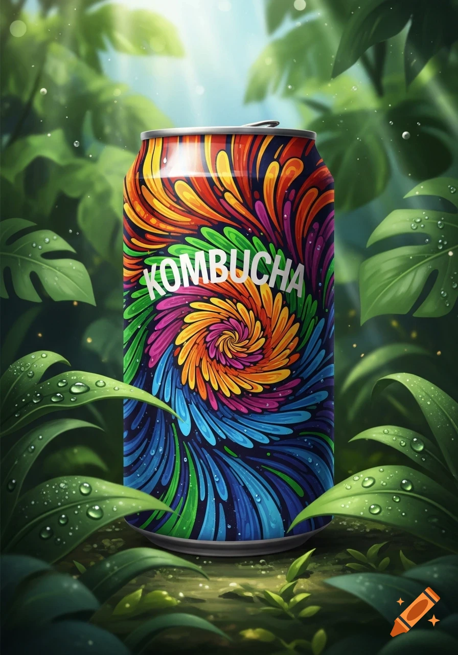 A vibrant, colorful kombucha can with 'KOMBUCHA' text, surrounded by lush green leaves with water droplets in a sunny jungle.