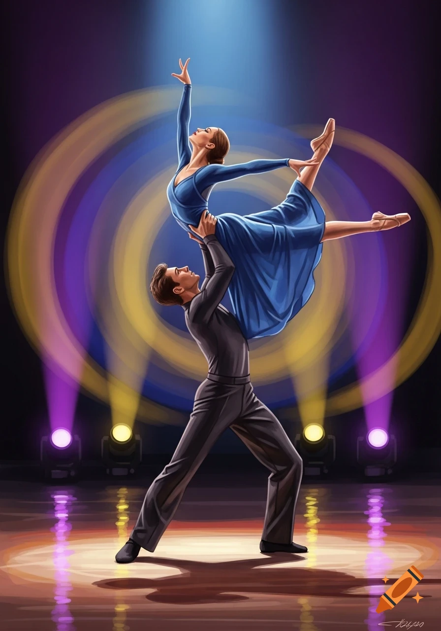 Digital painting of a male and female dancer performing a lift on a stage, lit by purple and yellow spotlights.