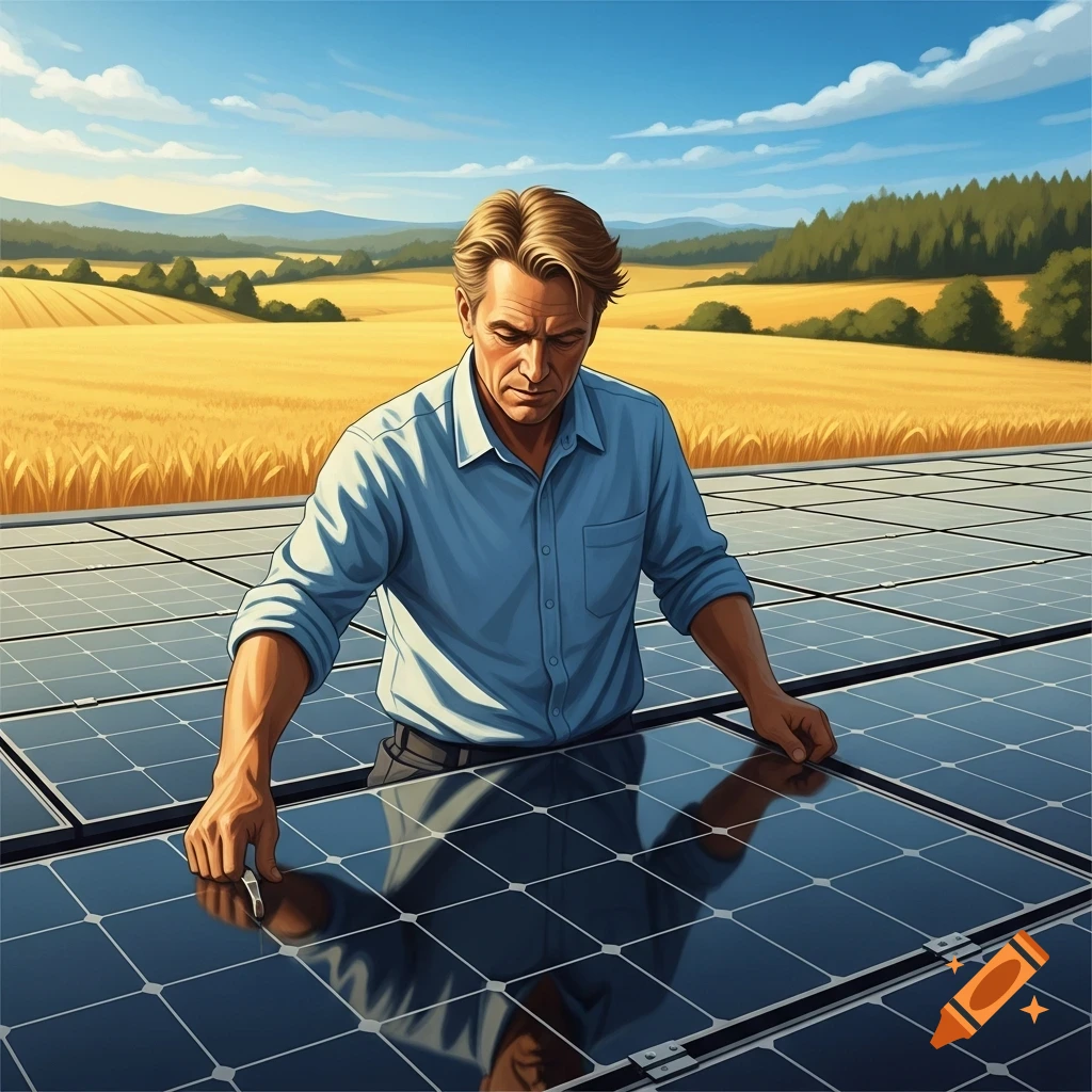 A man in a blue shirt installs solar panels on an array amidst a golden wheat field under a clear blue sky.
