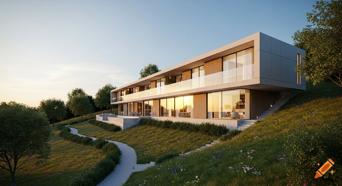 A long, modern house with glass windows and balconies on a lush green hillside at sunset. A winding path leads up.