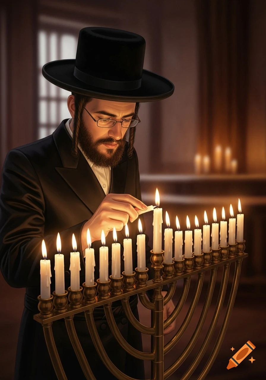 A photorealistic image of a Hasidic man in a black hat and suit lighting a menorah with many glowing candles, in a warm, dimly lit room.