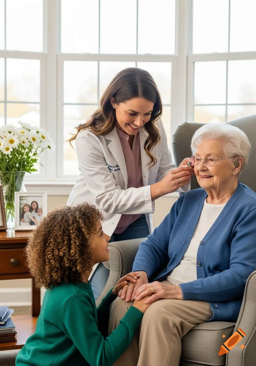 An audiologist helps an elderly woman with hearing aids while a young girl holds her hand, in a bright living room.