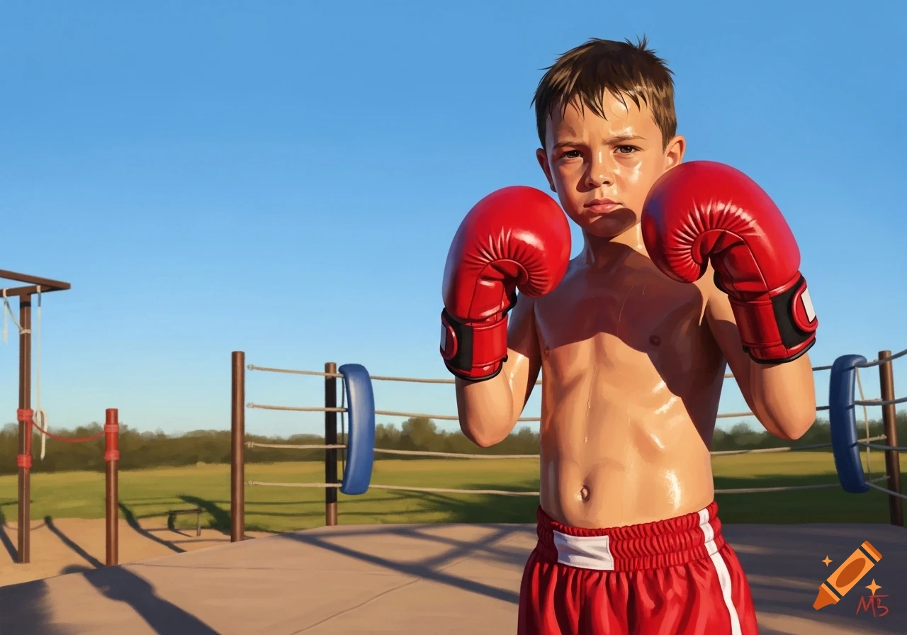 A determined young boy with a shirtless torso, wearing red boxing gloves and red shorts, stands in a boxing ring outdoors under a clear blue sky. Digital art.
