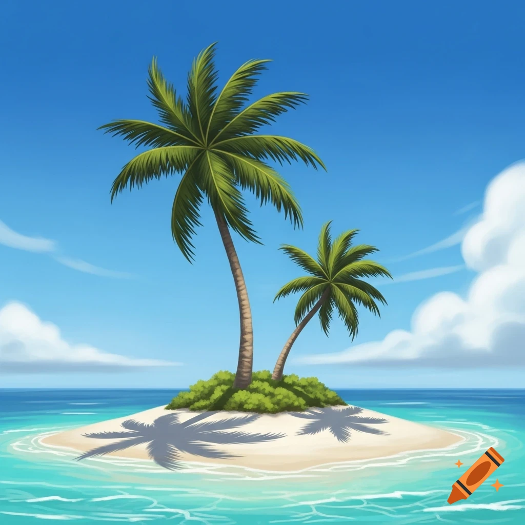 A cartoon illustration of a small tropical island with two palm trees in the clear blue ocean under a sunny sky.