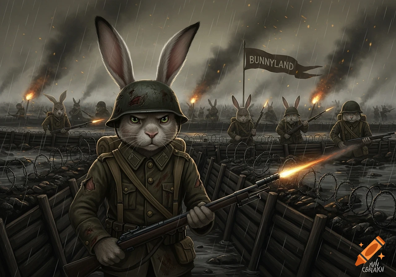 A bunny soldier in a helmet stands in a rainy WWI-style trench with a rifle, flanked by other bunny soldiers and a 'BUNNYLAND' flag.
