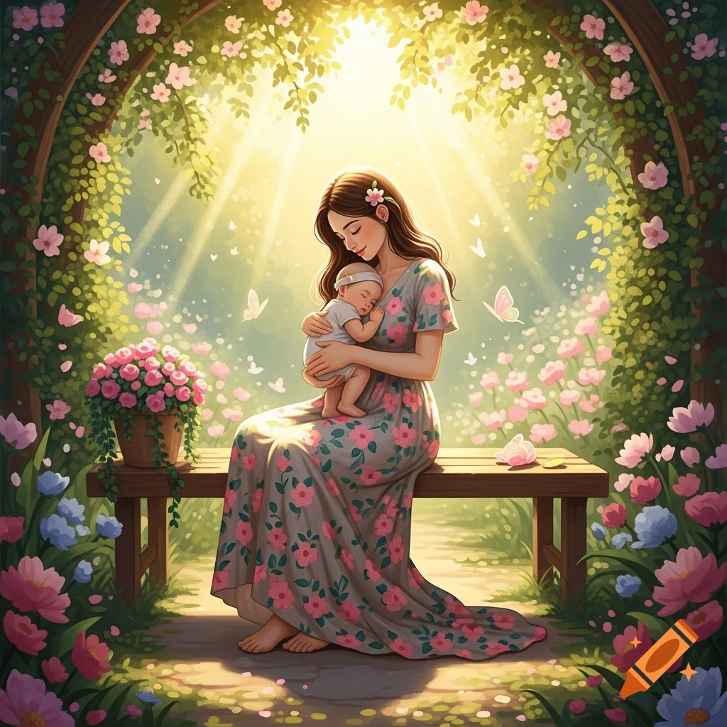 An illustration of a mother holding her sleeping baby in a vibrant floral garden bathed in warm sunlight.