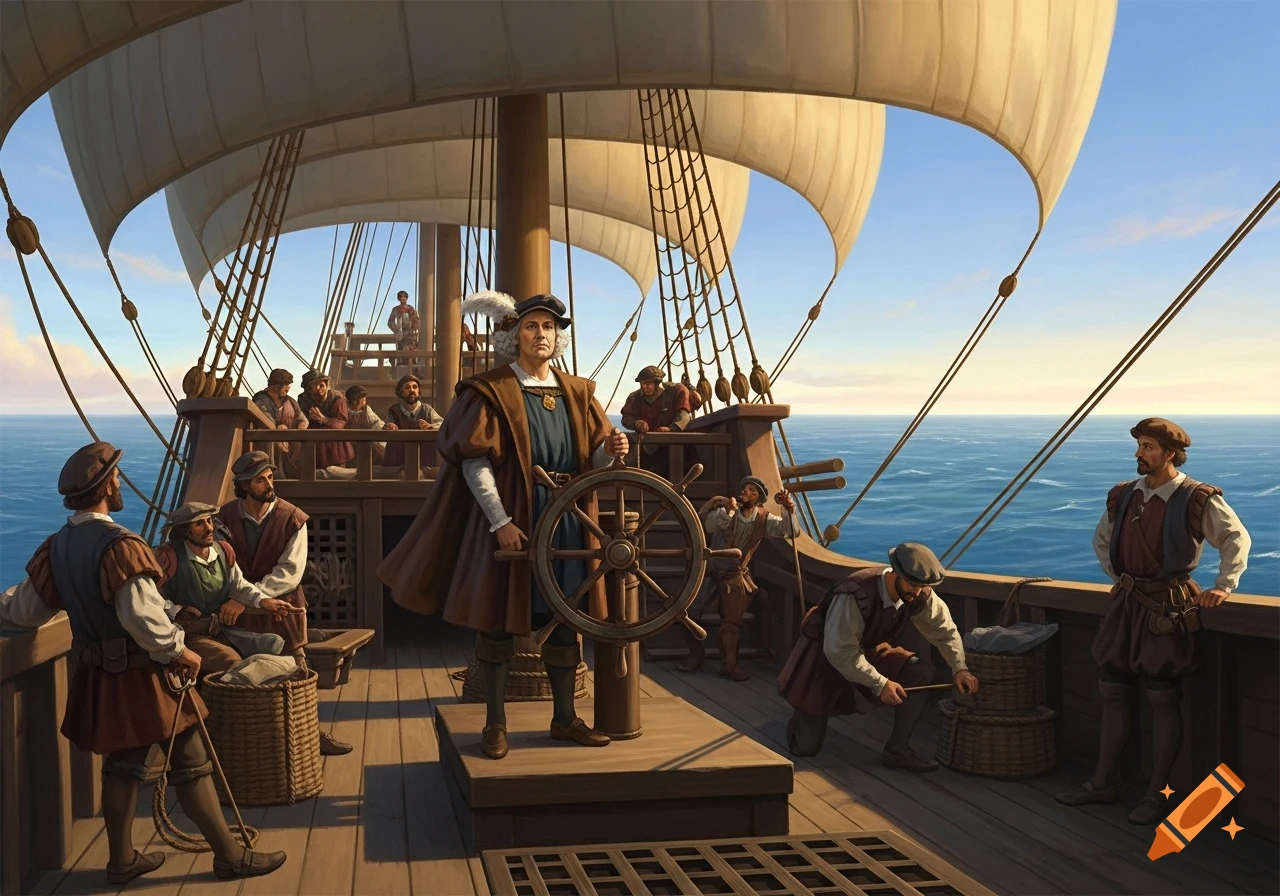 An illustration of Christopher Columbus at the helm of a caravelle, surrounded by his crew on the ship's deck at sea.