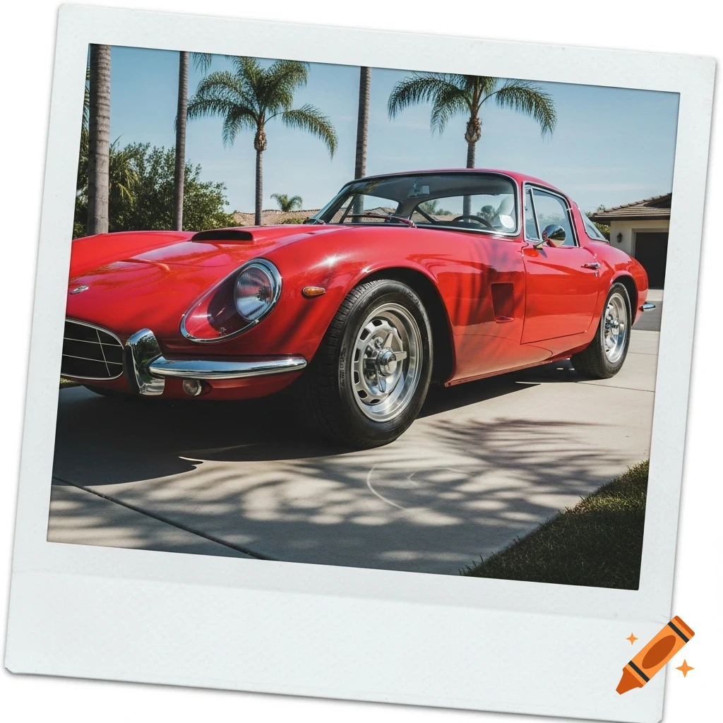 A glossy red classic sports car parked on a sunny driveway with palm trees, framed like a polaroid photo.